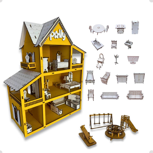 Casinha de Boneca em MDF – 19 Móveis e Parquinho Infantil Completo