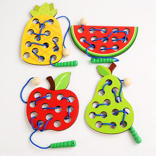 Kit Educativo de Frutas de Madeira com Cordão – Brinquedo Montessori de Encaixe e Rosqueamento para Coordenação Motora